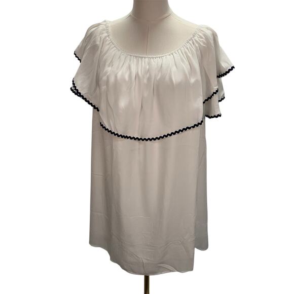 Entro White Off‎ the Shoulder Dress Womens Small Relaxed Blue Trim Flowy - Picture 1 of 14